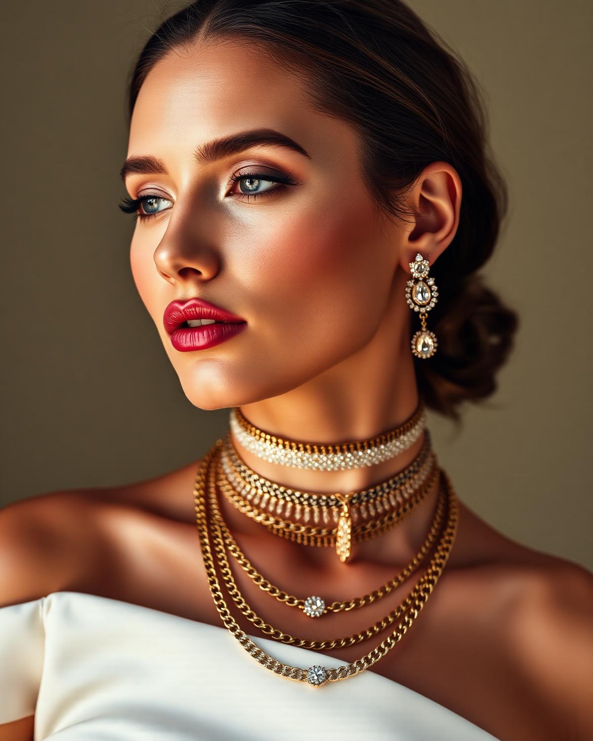Woman wearing layered gold jewelry