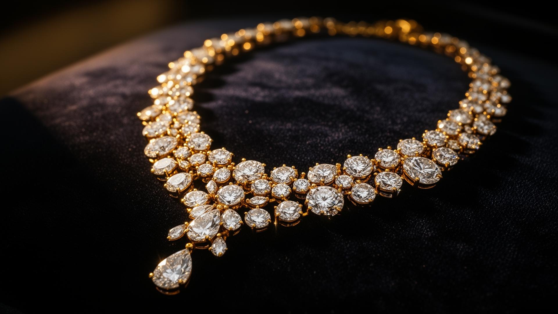 Diamond and gold necklace draped on velvet